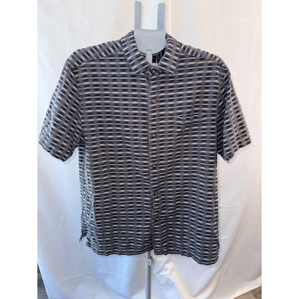 Tommy Bahama Mens Large Silk Cotton Grey Plaid Short Sleeve Button Down Shirt L